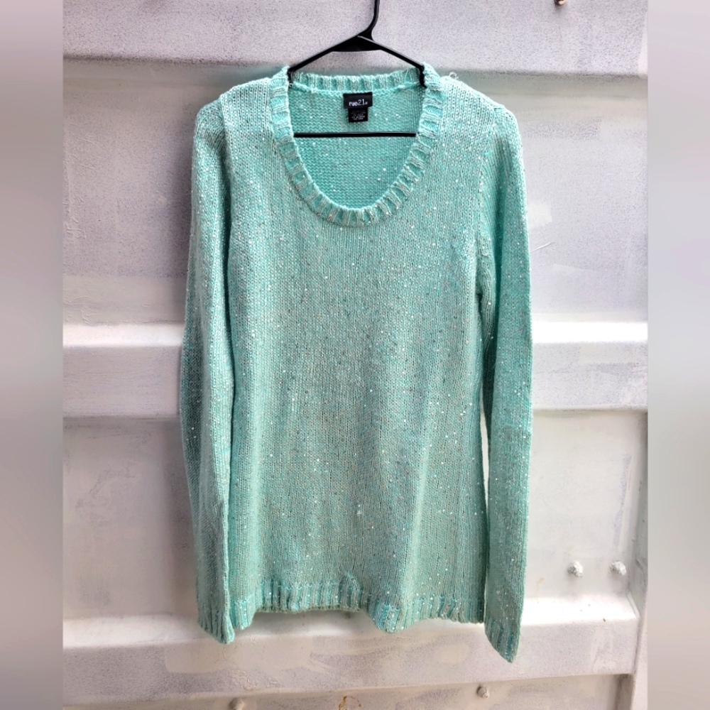 Shimmer metallic and sequin woven knit top sweater xl teal mint